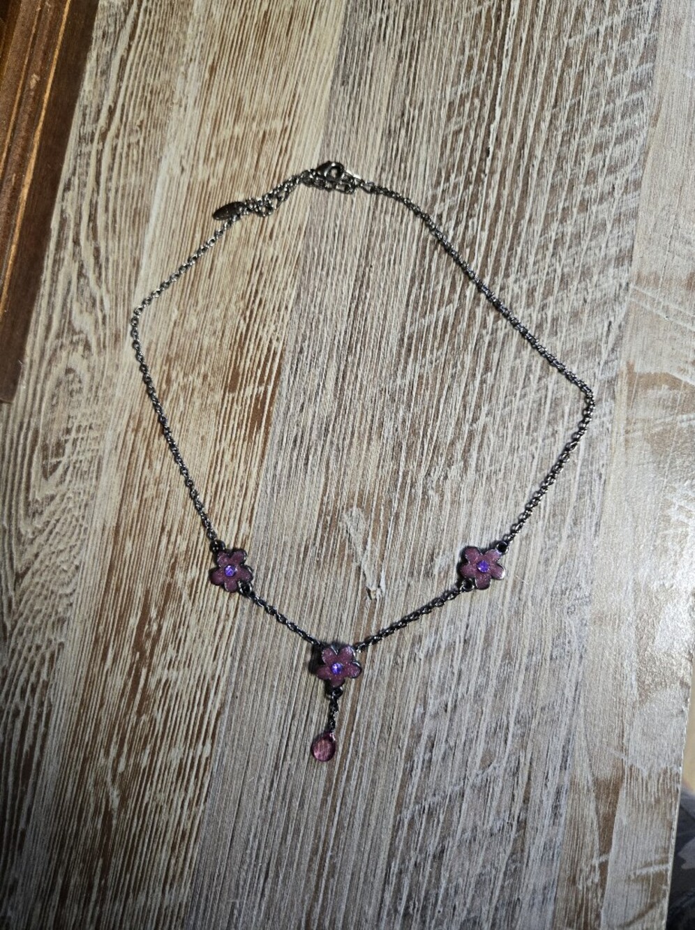 Pink Flower Accent Necklace with Drop Crystal - Women Jewelry